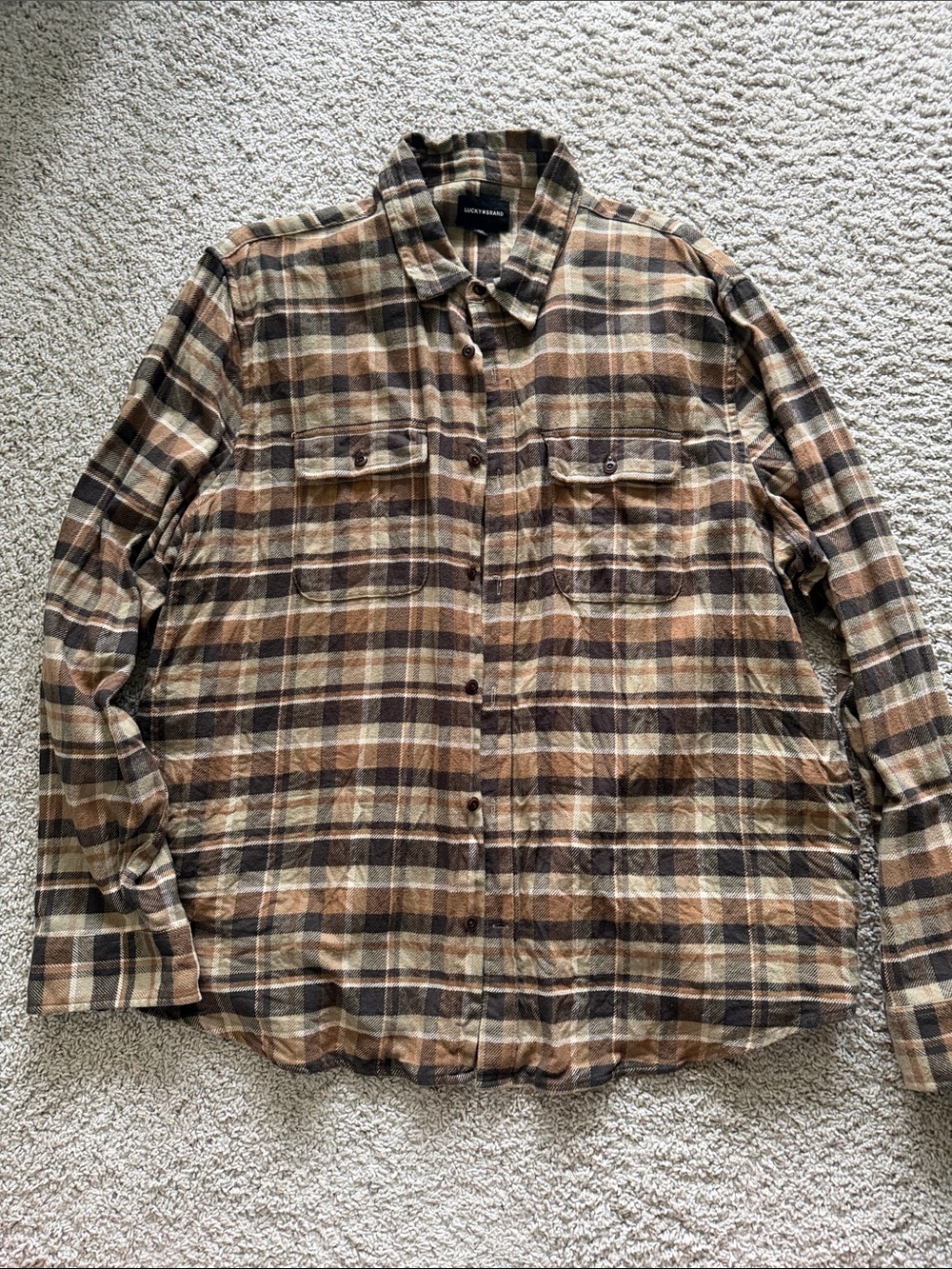 Lucky Brand Brown and Cream Plaid Button-Down Shirt